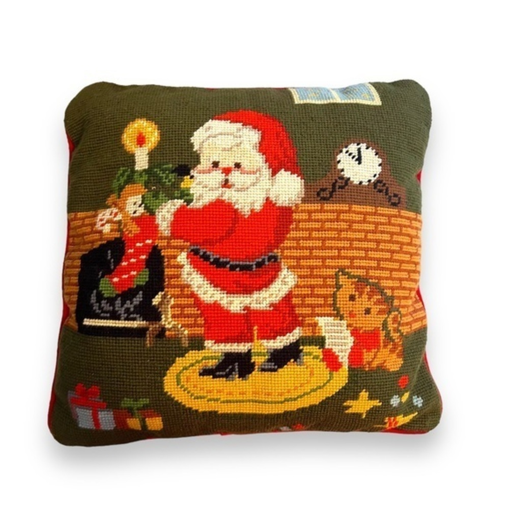 vintage christmas santa chimney kitten needle point pillow throw holiday‎ decor